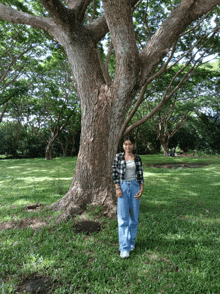 a woman in a plaid shirt stands under a tree