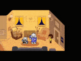 a video game is being played in a living room with a couch , chairs , a fan and a door .