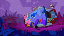 a cartoon illustration of a blue truck with a fish on the back