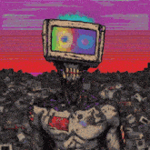 a colorful drawing of a man with a tv on his head