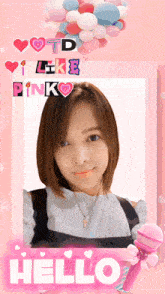 a picture of a girl in a pink frame with the words hello on it