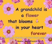 a yellow background with purple flowers and a quote that says a grandchild is a flower that blooms in your heart forever