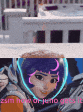 a picture of a girl in a space suit with the words zsm now of juno gets it below her