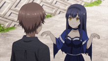 a boy and a girl are standing next to each other and the girl is wearing a blue dress