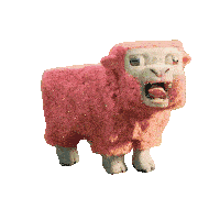 a pink stuffed animal with its mouth open and teeth visible