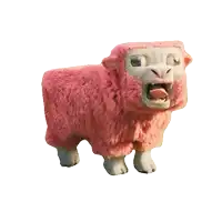 a pink stuffed animal with its mouth open and teeth visible