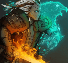 a drawing of a warrior with a sword and a ghost behind him