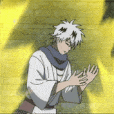 a cartoon character with white hair is standing in front of a wall