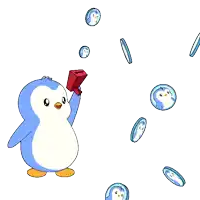 a blue and white penguin is holding a red box and coins are falling from the sky