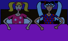 a cartoon of two girls in bed with one crying and the other angry
