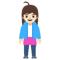 a girl in a blue jacket and a pink skirt