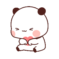 a cartoon panda bear is holding a pink heart in its paws