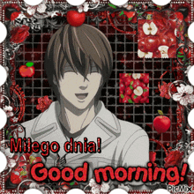 a picture of a man with apples on his head and the words " miego dnia good morning "