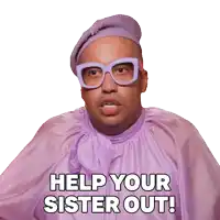 a man wearing glasses and a purple shirt is asking for help