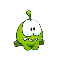 a green cartoon character with big eyes and sharp teeth on a white background