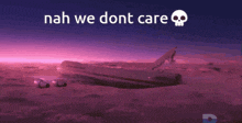 an airplane is flying in the sky with the words " nah we dont care " below it