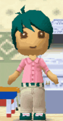 a doll with blue hair is wearing a pink shirt