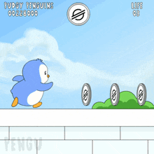a cartoon of a penguin holding a coin with the words puddy penguins 00228000 on the top