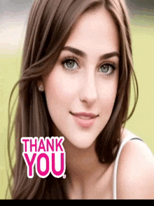 a close up of a woman 's face with the words thank you on the bottom