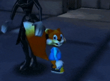 a cartoon character is holding a small animal in his arms .