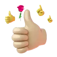 a hand giving a thumbs up with a pink rose in the background
