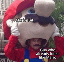 a man in a mario suit is holding a stuffed mario on his head .