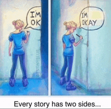 a cartoon of a woman writing on a wall that says i 'm ok i 'm okay