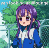 a picture of a girl with purple hair and the words yan looking at #lounge