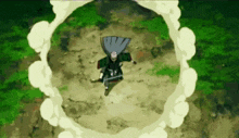 a cartoon character is flying through a circle of smoke while holding a sword .