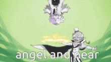 a green background with a cartoon character and the words angel and near on it