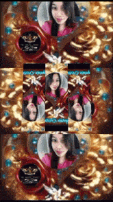 a woman 's face is surrounded by gold roses and the word mercy is on the bottom right