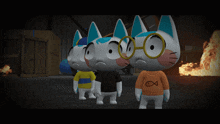 three cartoon cats are standing next to each other with a fire in the background