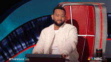 a man in a white jacket is sitting in a chair with a nbc logo on it