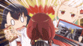 a cartoon of a girl eating a snack and a girl holding a laptop