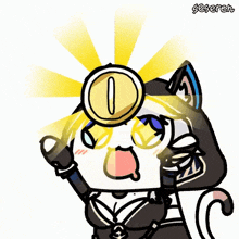 a cartoon cat is holding a gold coin in front of its face