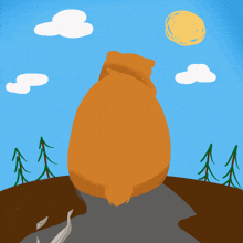 a cartoon of a bear standing on a hill looking at the sun