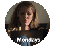 a woman sitting in front of a laptop with the word mondays written below her