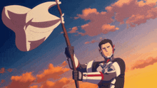 a man in a superhero costume is holding a white flag in the air
