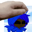 a hand is putting a blue cartoon character on top of a white background .