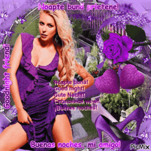 a woman in a purple dress is surrounded by purple flowers and hearts and says goodnight friend