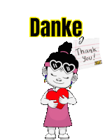 a cartoon girl is holding a heart in front of a note that says thank you