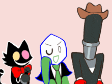 three cartoon characters are standing next to each other and one has a cowboy hat on his head