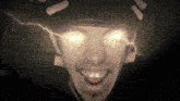 a close up of a person 's face with lightning bolts coming out of their eyes