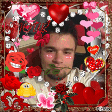 a picture of a man surrounded by hearts and roses with the word love written on it