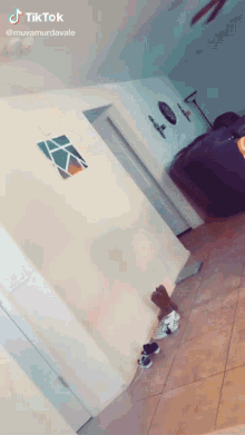 a tiktok video of a hallway with a painting on the wall and shoes on the floor