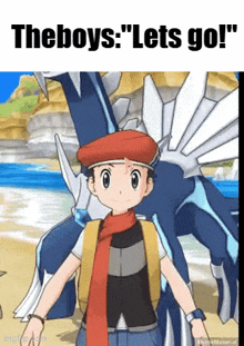 a boy in a red hat and scarf is standing next to a pokemon that says the boys : " lets go "