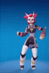 a cartoon character with pink hair and white pants