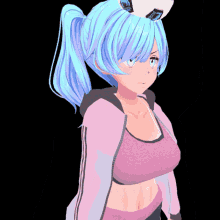 a girl with blue hair is wearing a pink top and a pink jacket