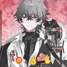 a drawing of a boy holding a microphone with a peace sign on his hand