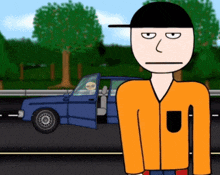 a cartoon of a man standing next to a blue car
